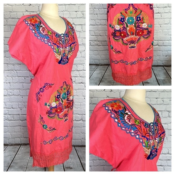 Dresses & Skirts - Mexican Embroidered Coral Floral Caftan Shift Oaxacan Peasant Boho Dress XL NWOT